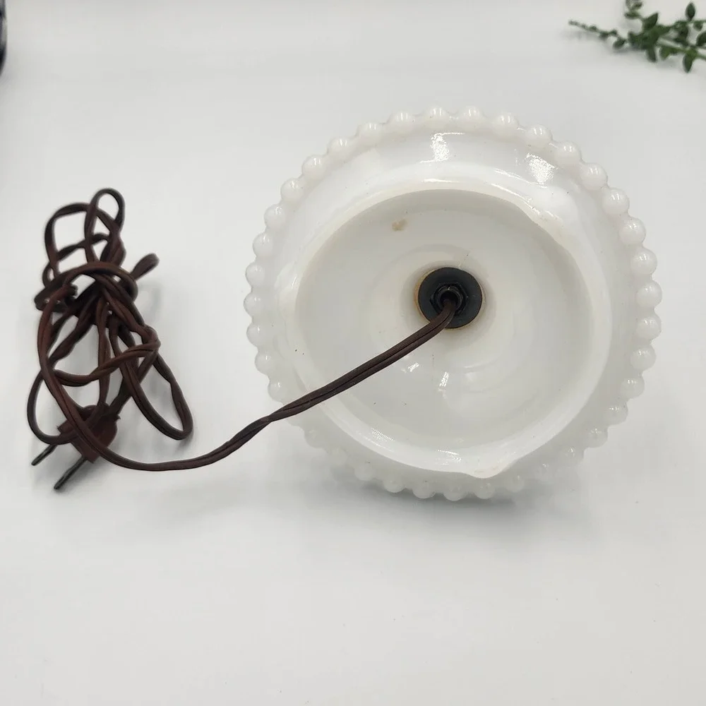 Leviton Vintage Christmas Hurricane Lamp Milk Glass Hobnail Frosted Holly Bow